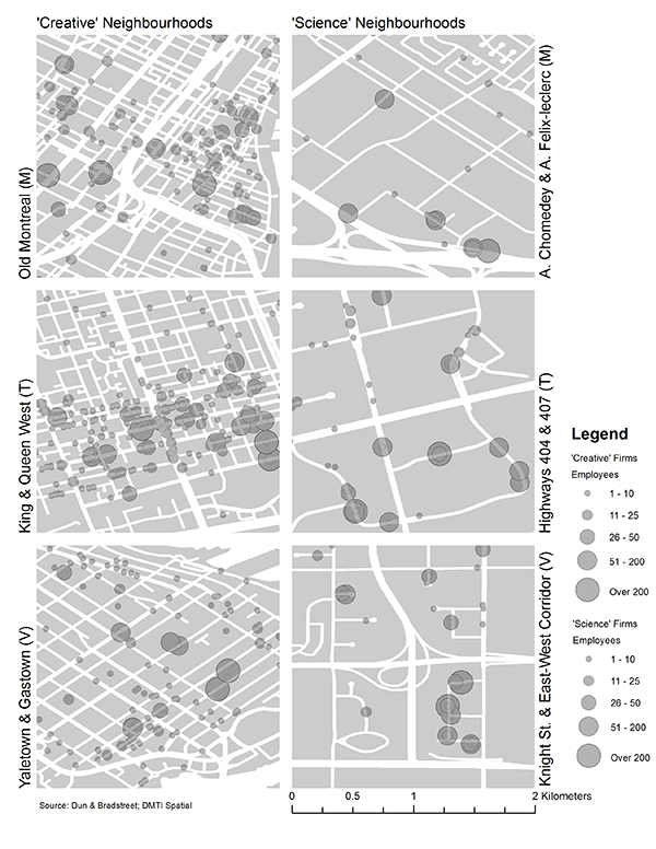 Figure 1 is six street maps depicting creative versus science neighbourhoods in Montreal, Toronto, and Vancouver.