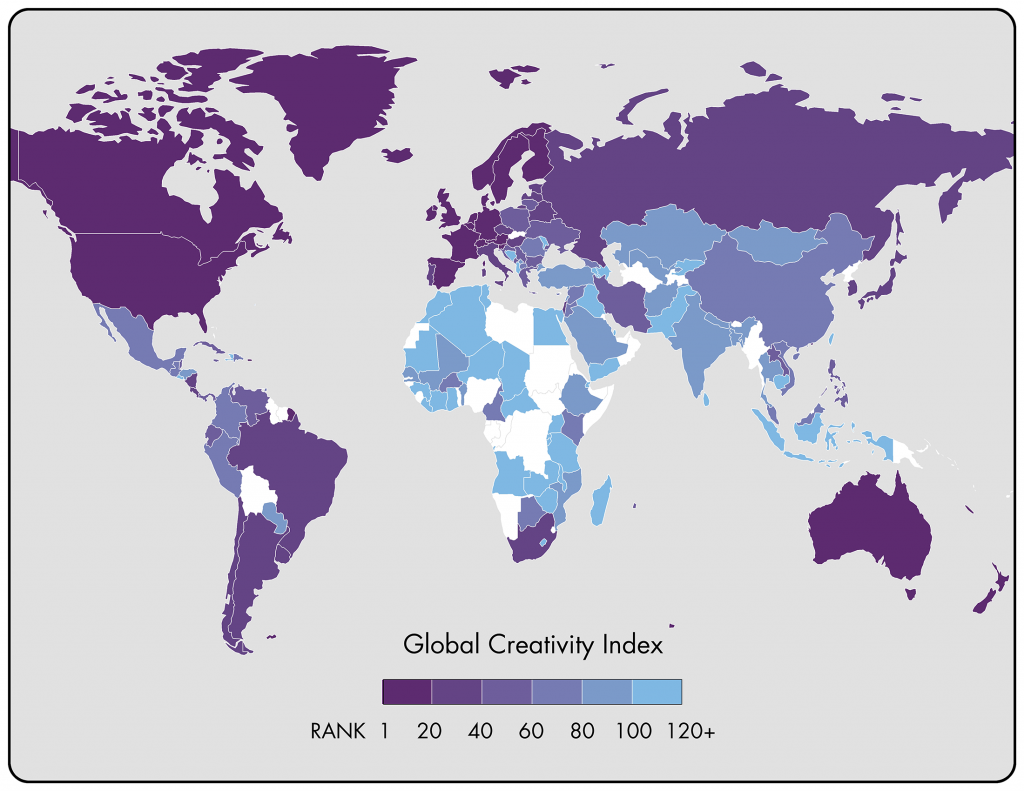 Map showing the overall global creativity index
