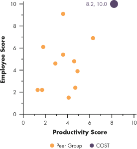 Scattergraph of Costco, Employee Score versus Productivity Score.