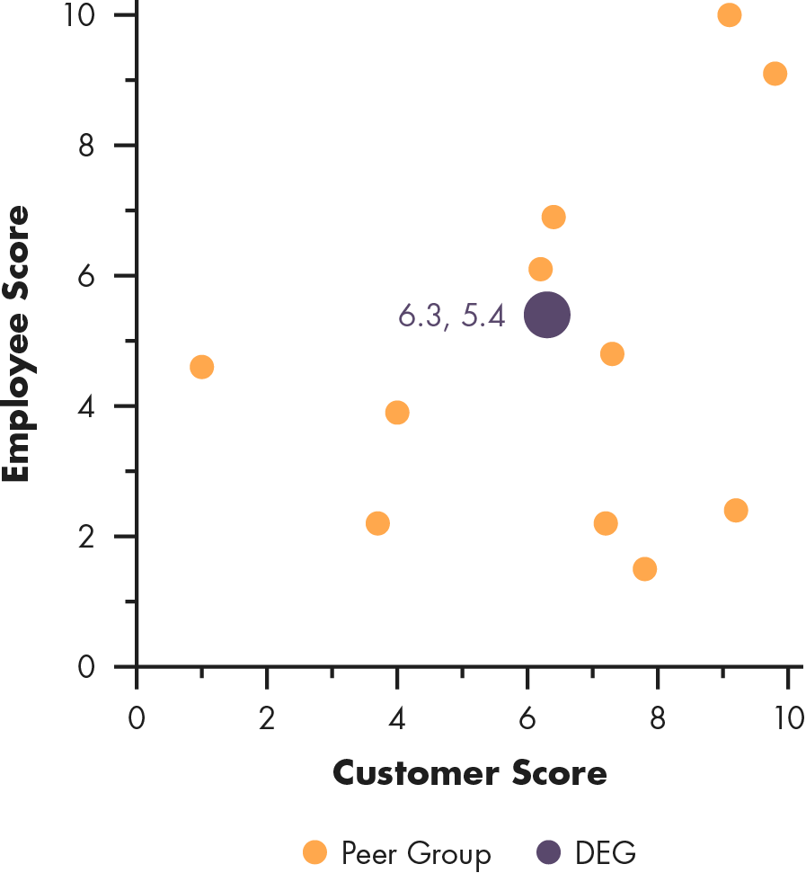 Scattergraph of Delhaize, Customer Score versus Employee Score.