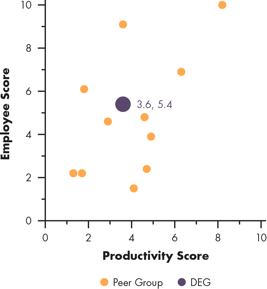 Scattergraph of Delhaize, Productivity Score versus Employee Score.
