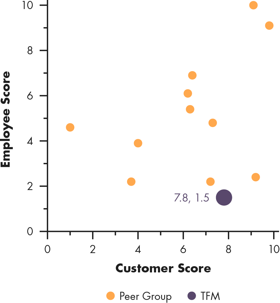 Scattergraph of The Fresh Market, Customer Score versus Employee Score.