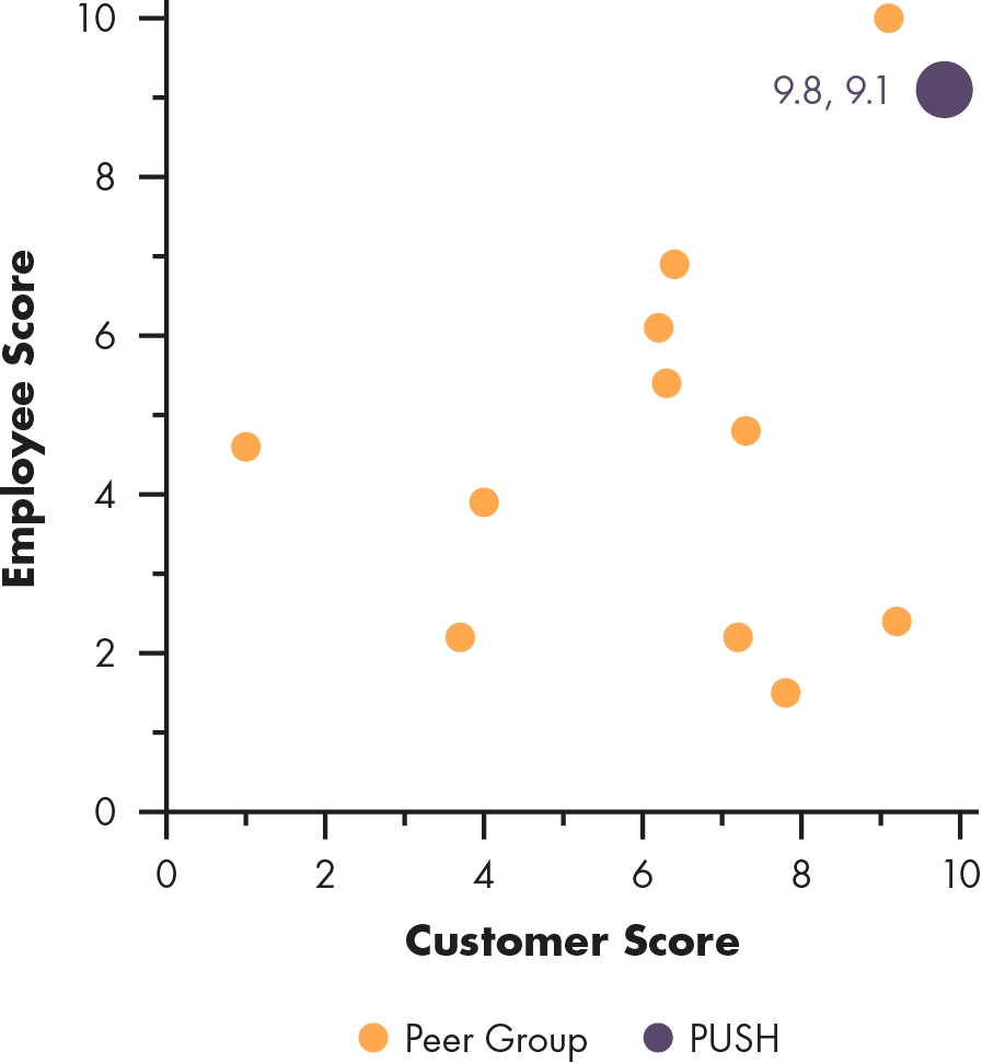 Scattergraph of Publix, Customer Score versus Employee Score.