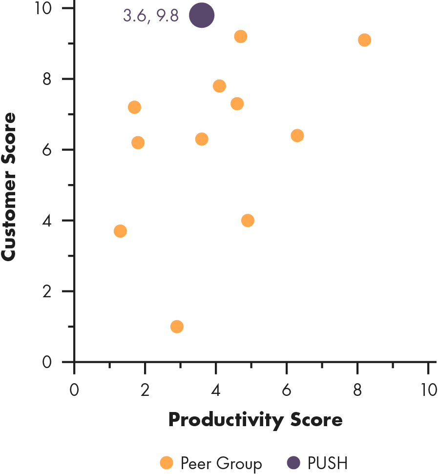 Scattergraph of Publix, Productivity Score versus Customer Score.